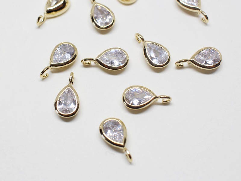 [P0623]2pcs/Mini Drop CZ Bezel Charm Pendant/Brass/Gold/5x10mm
