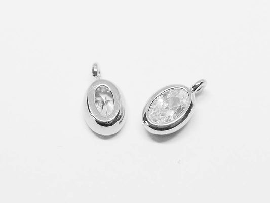 [P0625]2pcs/Mini Oval CZ Bezel Charm Pendant/Brass/Rhodium/5x10mm