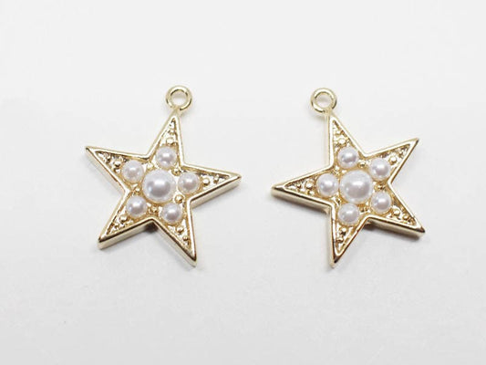 [P0638]2pcs/Pearl Star Moon Pendant/Brass/Gold/15x17mm