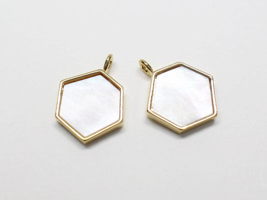 [P0664-5]2pcs/Uneven Hexagon White Mother Of Pearl Pendant/Brass/Gold/14.5x11.5mm