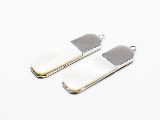 [P0669-1]2pcs/Rectangle White Mother Of Pearl Pendant/Brass/Rhodium/29x8.5mm