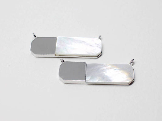 [P0669]2pcs/Rectangle White Mother Of Pearl Pendant/Brass/Rhodium/29x8.5mm