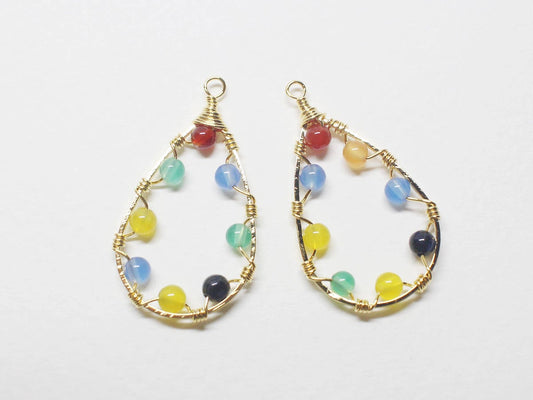 [P0691]2pcs/Teardrop Mixed Agate Pendant/Brass/Gold/17.5x30mm