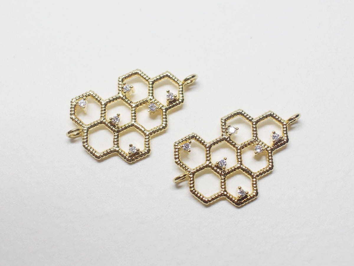 [P0694]2pcs/Honey Comb With Cz Pendant Connector/Brass/Gold/25x15mm