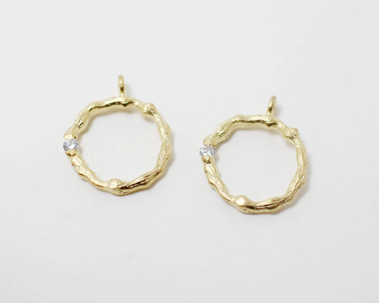 [P0097]2pcs/Branch textured round pendant with cz/Brass/Matte Gold/16x14mm