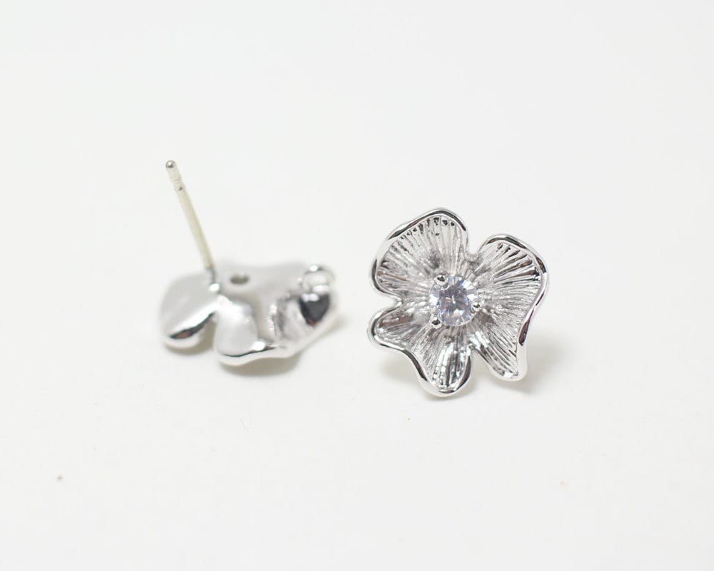 [E0009]/1 pair/ Flower Earrings+Cubic/Brass/Rhodium/12mm