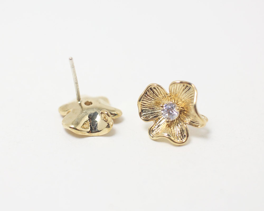 [E0009]/1 pair/ Flower Earrings+Cubic/Brass/Gold/12mm