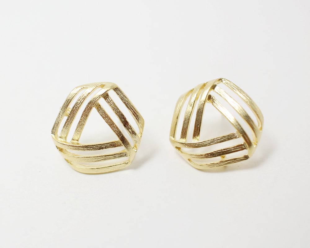 [E0037]/1 pair/Hexagonal Ribbon Earrings/Brass/Matte Gold/16x15 mm