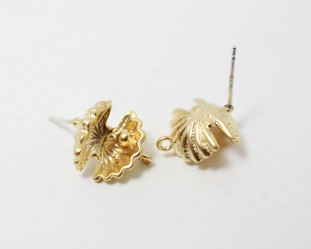 [E0051]/1 pair/Scallop Shell Pear Detail Earrings/Brass/Matte  Gold /13x13mm