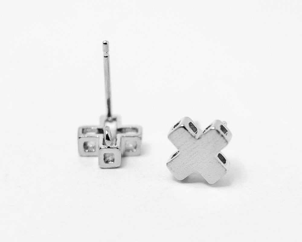 [E0060]/1 pair/Brushed Cross Earrings/Brass/Rhodium /8mm