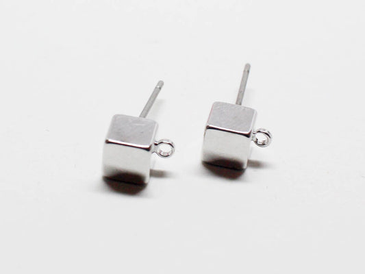 [E0067-1]/2 pairs/Solid Cube Earrings /Brass/Rhodium/5mm