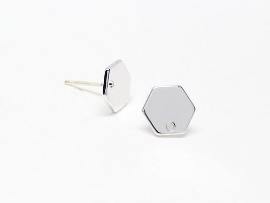 [E0104]/1 pair/Hexagon  Stud Earrings/Brass/Rhodium/9mm