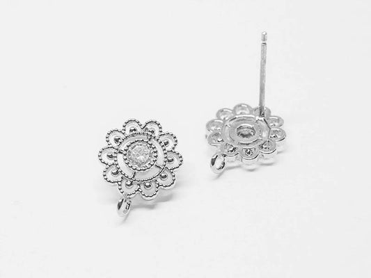 [E0138]/1 pair/Cubic Circle Flower Stud Earrings/Brass/Rhodium/10mm