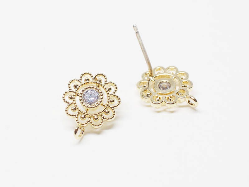 [E0138]/1 pair/Cubic Circle Flower Stud Earrings/Brass/Gold/10mm