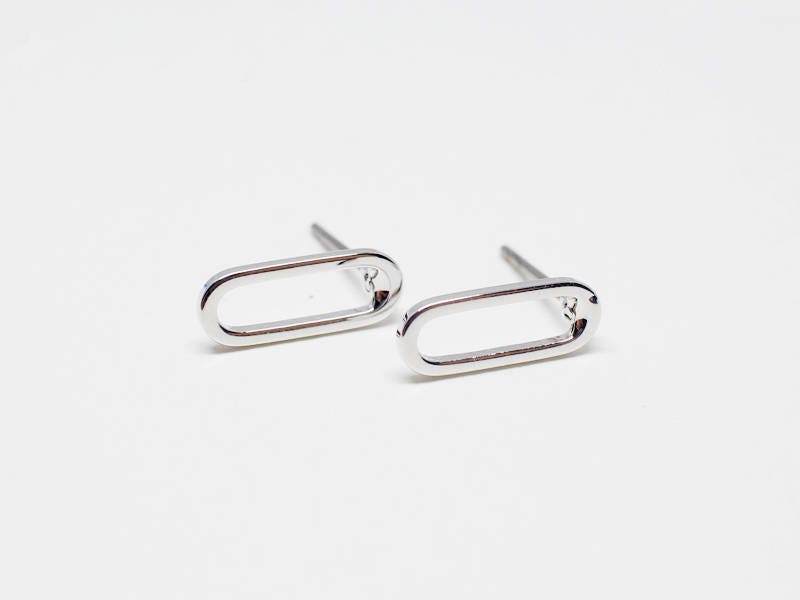 [E0143]/1 pair/Ellipse Stud Earrings Short/Brass/Rhodium/12x4.5mm