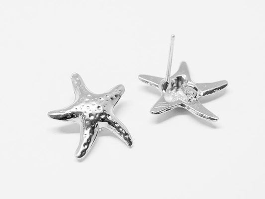 [E0148]/1 pair/Starfish Stud Earrings/ Pewter/Matte Rhodium/13.5x15mm