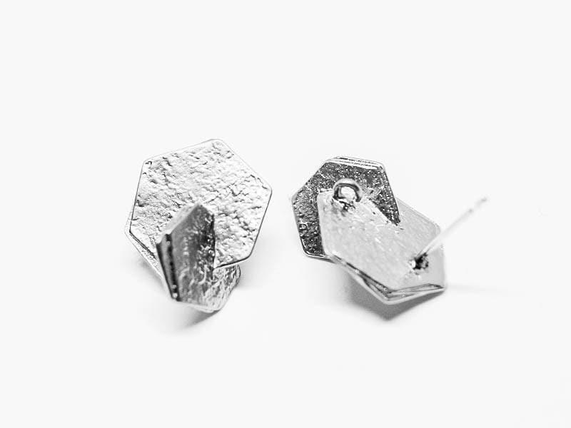 [E0155]/1 pair/Two Hexagons Stud Earrings/ Brass/Matte Rhodium/12x16mm