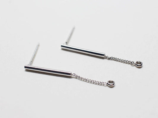 [E0191]/1 pair/Cylinder Bar Chain Stud Earrings/Brass /Rhodium/1.2x15mm(bar),14mm(chain including ring)