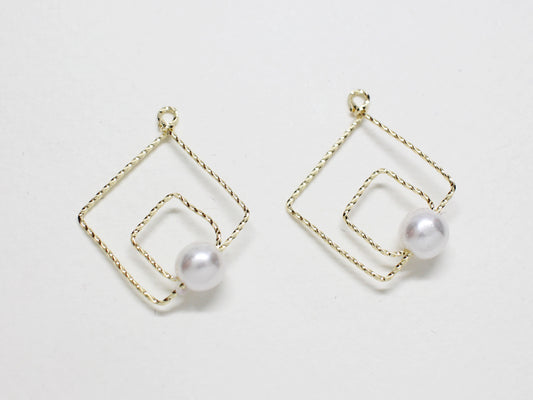 [P0730]/2pcs/Wired Rhombus Pearl Pendant/Brass /Gold/25x21mm,6mm Pearl