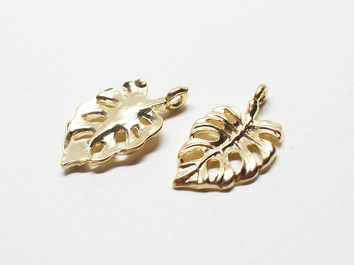 [P0732]/2pcs/Small Monstera Pendant/Brass /Matte Gold/11.5x20mm