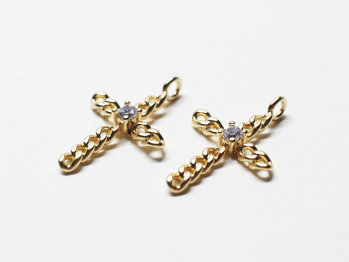 [P0744]/2pcs/Cubic Chain Cross Pendant/Brass /Matte Gold /11x16.8mm