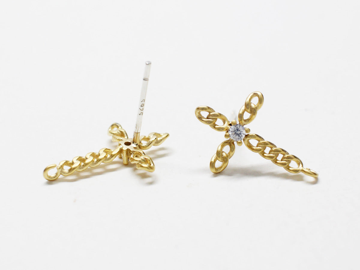 [E0204] 1 pair /Cubic Chain Cross Stud Earrings/Brass/Gold plated/11x16.8mm