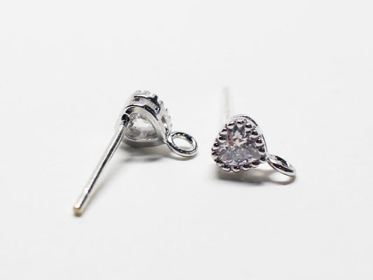 [E0208] 1 pair /Tiny Heart Cubic Stud Earrings/Brass/Rhodium plated/4x6.5mm