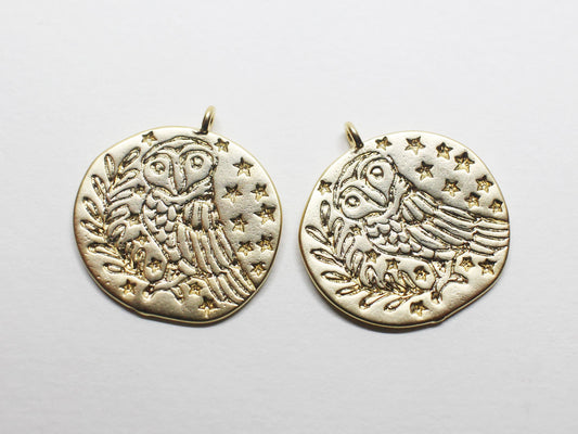 [P0773]/2pcs/Antique Coin Owl Pendant/Brass /Matte Gold/20.3x19.5mm