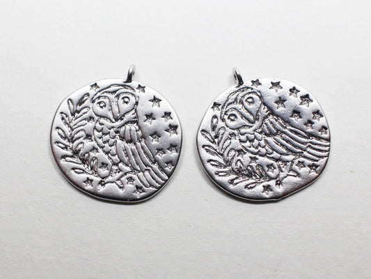 [P0773]/2pcs/Antique Coin Owl Pendant/Brass /Matte Rhodium/20.3x19.5mm