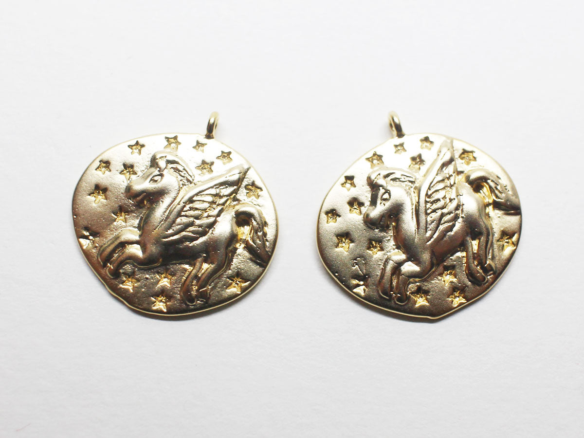 [P0774]/2pcs/Antique Convex Coin Unicorn Pendant/Brass /Matte Gold/20.3x19.5mm