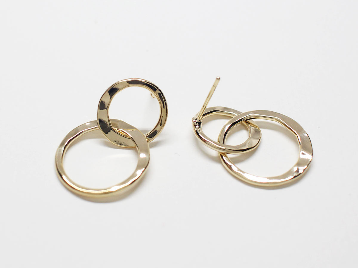 [E0230]1 pair /Double Hammered Circles Stud Earrings/Brass/Gold plated/12.5mm,17.5mm