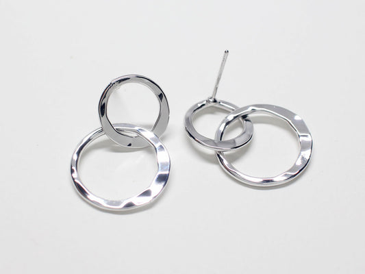 [E0230]1 pair /Double Hammered Circles Stud Earrings/Brass/Rhodium plated/12.5mm,17.5mm