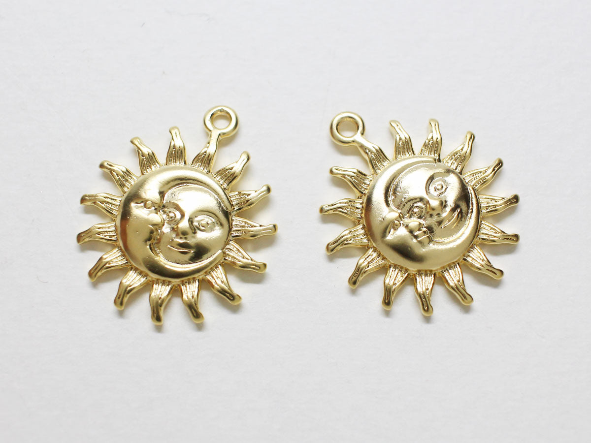 [P0848]2pcs/Sun and Moon Face Pendant/Brass/Matte Gold/21x18.2mm