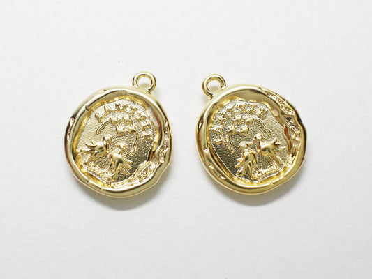 [P0850]2pcs/Vintage Small Coin Pendant/Brass/Matte Gold/16.6x13.6mm