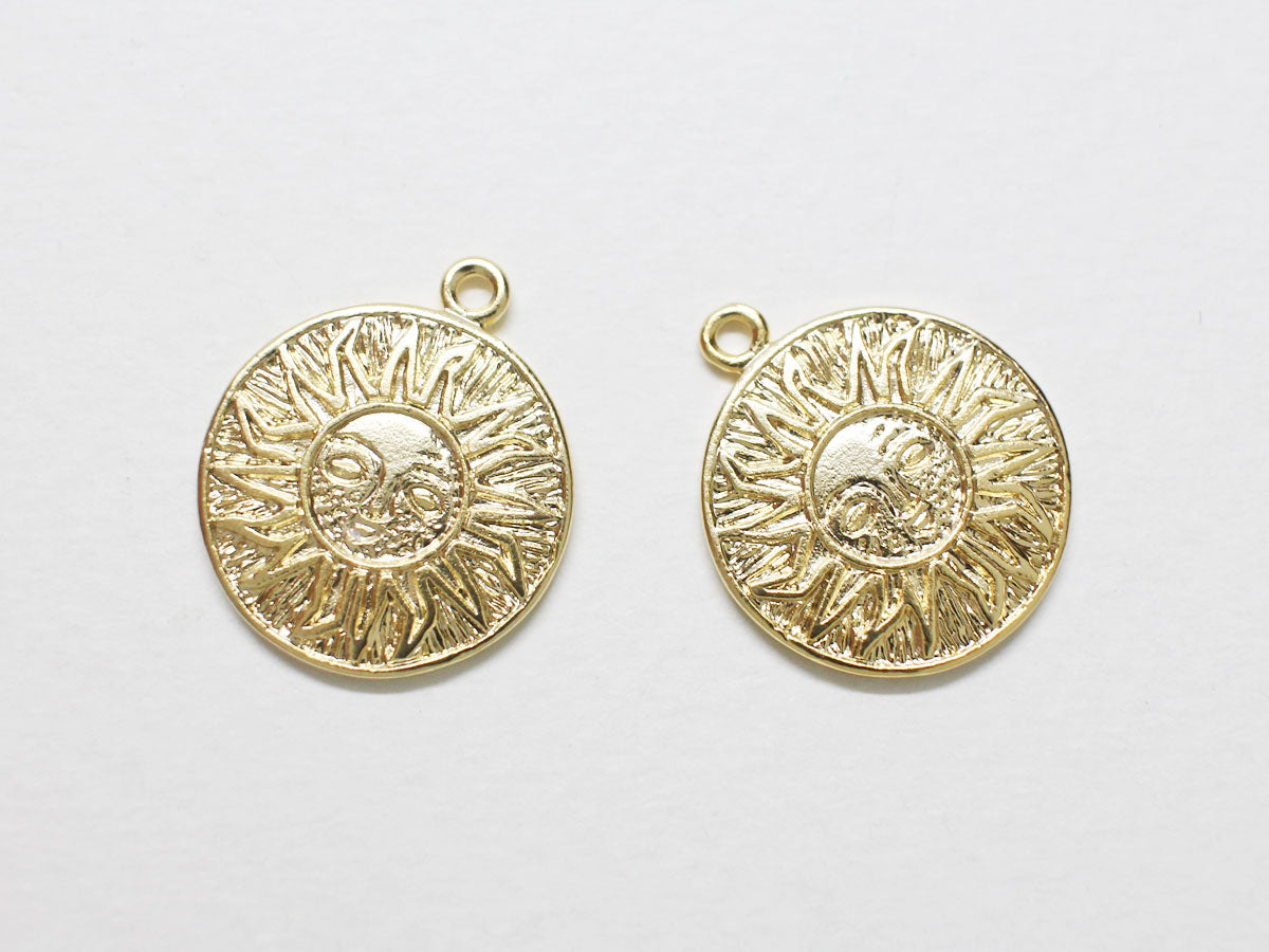 [P0851]2pcs/Coin Sun Pendant/Brass/Matte Gold/17.7x15mm