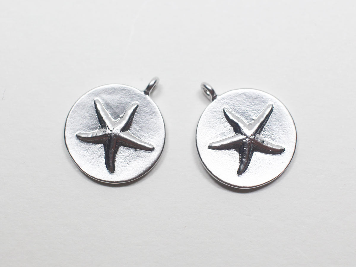 [P0862]2pcs/Coin Starfish Pendant/Brass/Matte Rhodium/12mm