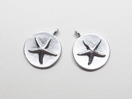 [P0862]2pcs/Coin Starfish Pendant/Brass/Matte Rhodium/12mm