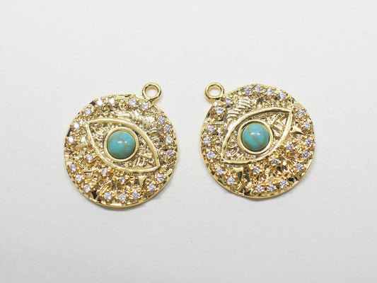 [P0865]2pcs/Turquoise Cubic evil eye Pendant/Brass/Gold/14mm