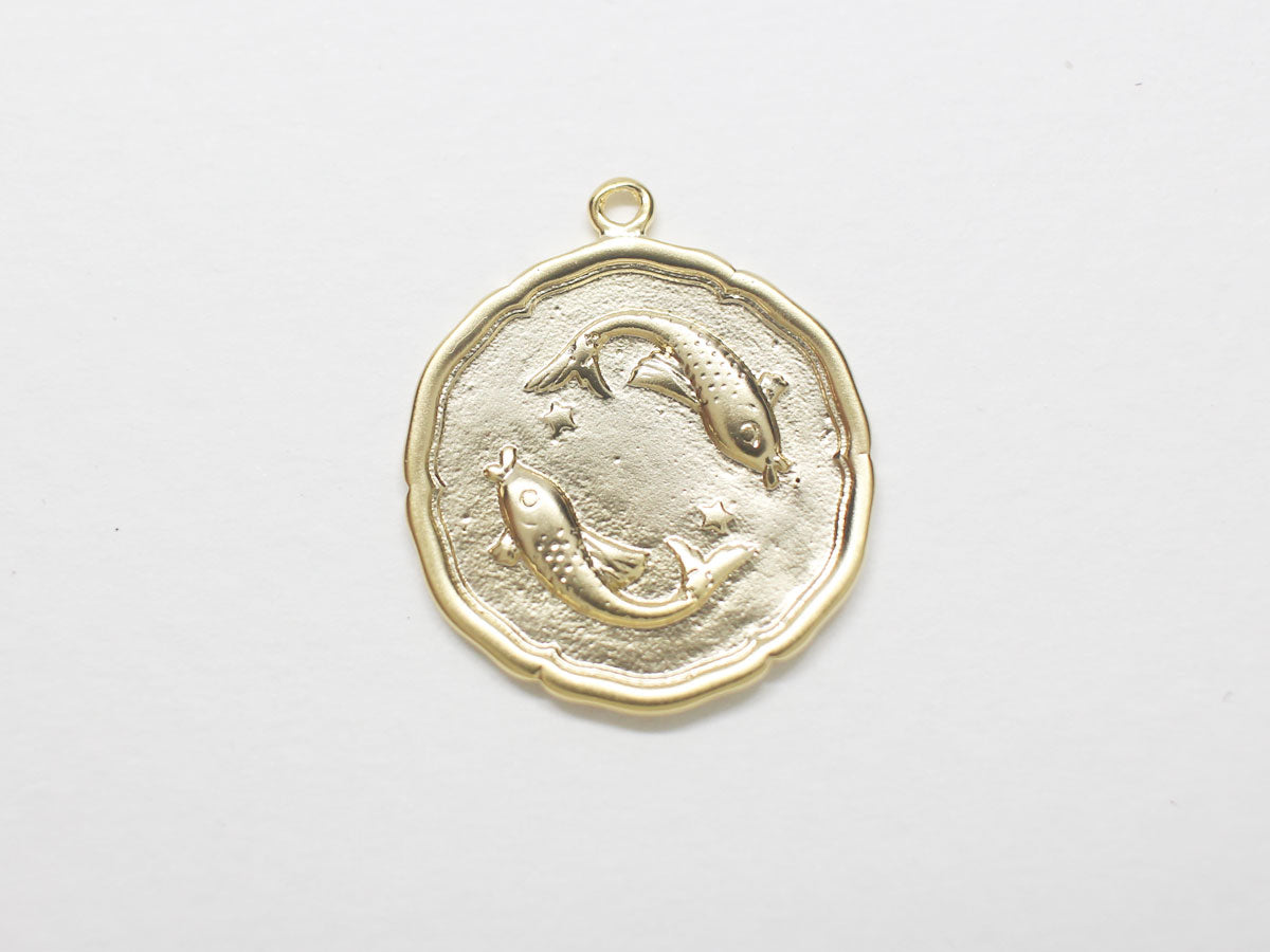 [P0875]/2pcs/Coin Zodiac Sign Pendant/Brass/Matte Gold/18mm