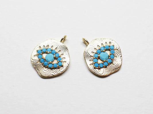 [P0881]2pcs/Coin Turquoise Evil Eye Pendant/Brass/Matte Gold/11mm