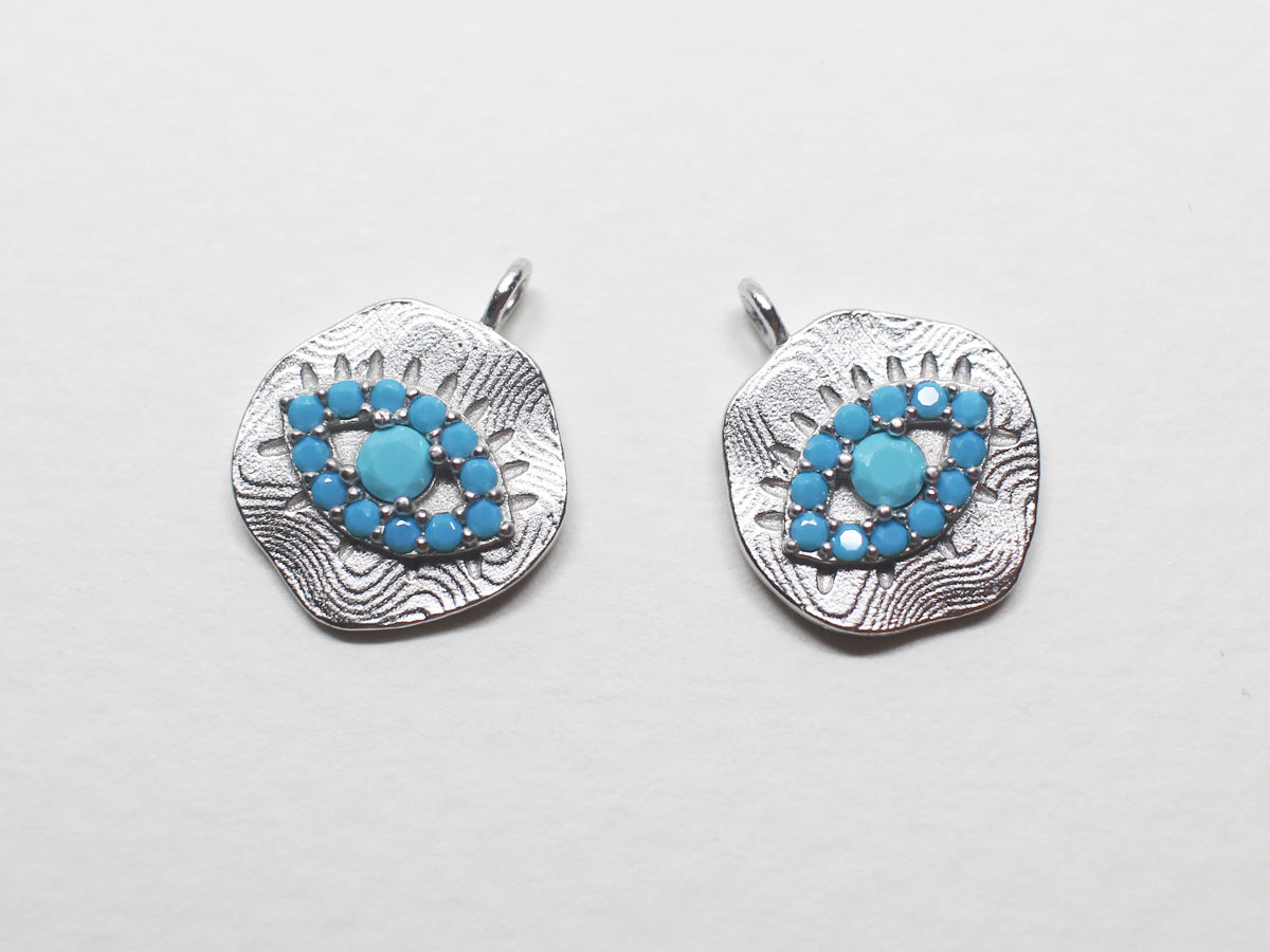 [P0881]2pcs/Coin Turquoise Evil Eye Pendant/Brass/Matte Rhodium/11mm