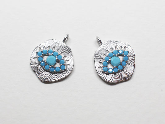 [P0881]2pcs/Coin Turquoise Evil Eye Pendant/Brass/Matte Rhodium/11mm