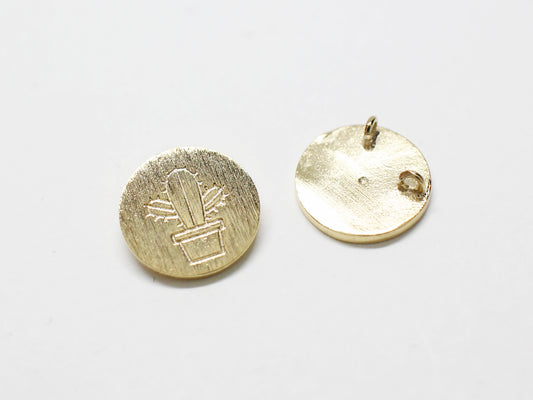 [P0882]2pcs/Brushed Coin Flowerpot Cactus Pendant/Brass/Matte Gold/10mm