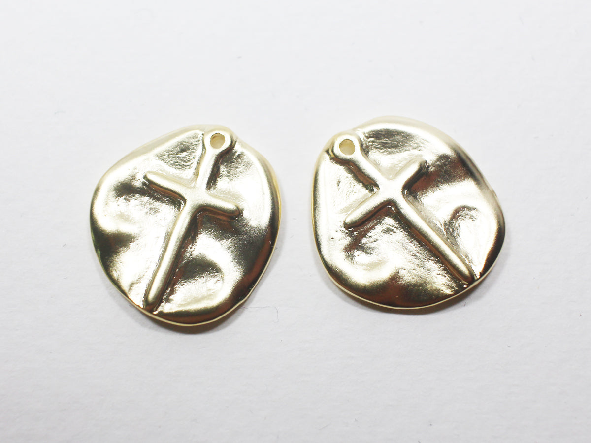 [P0885]2pcs/Coin Cross Pendant/Brass/Matte Gold/19.5x18mm