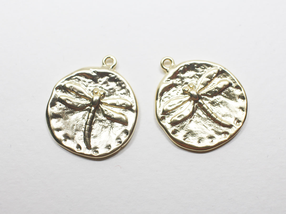 [P0886]2pcs/Vintage Coin Dragonfly Pendant/Brass/Matte Gold/19mm