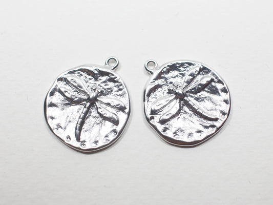 [P0886]2pcs/Vintage Coin Dragonfly Pendant/Brass/Matte Rhodium/19mm