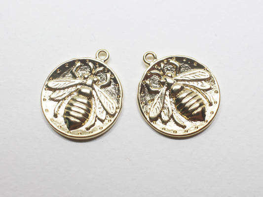 [P0887]2pcs/Vintage Coin Bee Pendant/Brass/Matte Gold/19mm