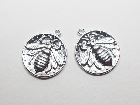 [P0887]2pcs/Vintage Coin Bee Pendant/Brass/Matte Rhodium/19mm