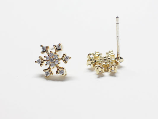 [E0291]/1 pair/Cubic Snow flake Earrings/Brass/Gold plated/9mm