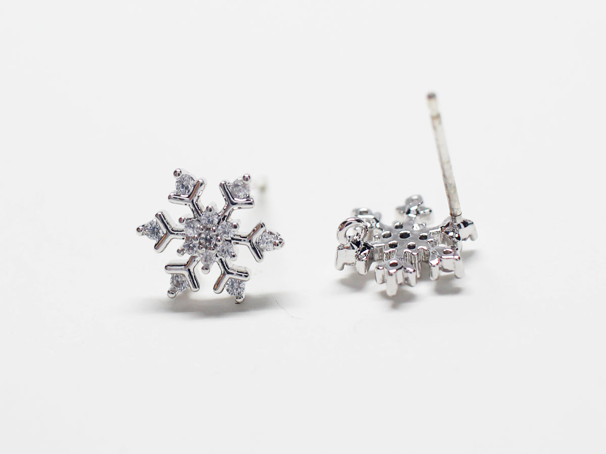 [E0291]/1 pair/Cubic Snow flake Earrings/Brass/Rhodium plated/9mm